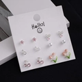6-piece minimalist earring set featuring cherry, heart, tulip, and bow designs on card - Pink Flower Tulip Cherry Earrings (E0192-1)