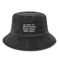 Washed dark grey denim bucket hat with white embroidered calm down slogan for outdoor use - Black