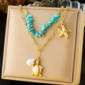 Collana a doppio strato in acciaio inossidabile dorato con stella marina, tartaruga e perle - Stile Doppio Strato Tartaruga Marina Stella Marina Pietra Blu Perla (N3328)