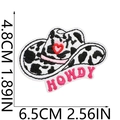 Detailed embroidery patch sizing for cow print cowboy hat with pink Howdy text - No.15 Cow Print HOWDY Hat