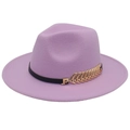 Light purple wool fedora hat with wide brim and elegant golden leaf buckle detail - M(56-58cm) / Light Purple (Golden Leaf)