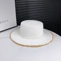Elegant white flat top straw sun hat with pearl chain trim and frayed brim edge - Adjustable / White