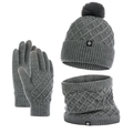 Grey 3-piece winter set with pompom knit hat, scarf, and gloves in diamond pattern - Dark Gray