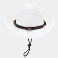 Detail of white straw cowboy hat showing brown leather band and metallic accents - One Size / White