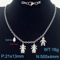 Polished stainless steel necklace with three children charms and white shell pearl drop - Two Girls One Boy Silver Color (KN287534-Z)