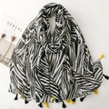 Ethnic cotton-linen scarf with black and white zebra pattern and yellow tassel fringe - Black White Yellow Zebra (SL2506-009)