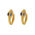 Snake hoop earrings in gold finish featuring blue gemstone eyes and scale texture - Style A Blue Eyes (Yellow Gold)