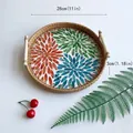Handwoven rattan round tray with colorful mosaic shell bottom and dual white handles 28cm - Red, Blue & Green / Large 28x3cm