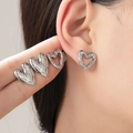 Baroque style silver irregular heart earrings set with unique textured metal finish - Silver Metal Heart Stud Earrings (2 Pairs) (9668)