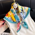 Floral print silk scarf with vibrant lemon yellow and blue patterns tied on a white dress - New Silk Scarf/small Square Scarf 21 / 65