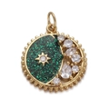 Detail of a gold celestial pendant featuring green glitter enamel with star and moon zircons - Green Glitter Star Moon(CX153-02) / Pendant Only (Without Chain)