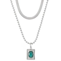 Detail of double-layer silver snake chain with green gemstone rectangular pendant - Steel Color 1889