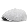Classic light grey linen newsboy cap with textured fabric and top button detail - Light Gray