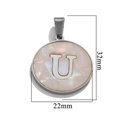 Silver stainless steel round letter U pendant with white shell inlay, size 32mm by 22mm - Steel U