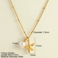 Golden stainless steel necklace with starfish and pearl pendants for beach style - Imitation Pearl + Starfish