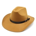 Close-up of tan wool western cowboy hat featuring a black leather band and metal buckle - M (56-58cm) / Khaki