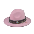 Pink wool felt fedora hat with bohemian style ethnic turquoise beads and fringe band - 12-Pink