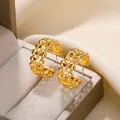 Three-layer golden woven mesh C-shaped hoop earrings presented in a jewelry box - Silver Hollow Woven C-Shaped Earrings (E3418P)