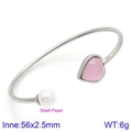 Silver open bangle with pink heart-shaped stone and white shell pearl on white background - Silver Style with Pink Heart & Pearl (KB123116-K)