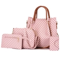 Pink 4-piece handbag set featuring tote, crossbody bag, clutch and wallet with geometric prints - Pink