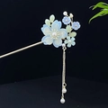 Chinesische Haarspange mit blauen Blumen, langen Quasten und Perlenakzenten - Blaugrüne Blume Künstliche Perle Quaste (1798)