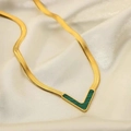 Golden flat snake chain necklace with a V-shaped pendant featuring green malachite inlay - Gold-Green V