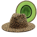 Klassischer Fedora Hut mit Leopardenmuster, neongrünem Futter und verstellbarem Schweißband - M (56-58cm) / Kamel + Fruchtgrün