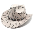 Stylish western cowboy sun hat in beige with bird prints and turquoise bead decorations - M (56-58cm) / Beige Top Hat