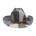 Ethnic western cowboy hat in blue denim texture with orange and brown beaded band - One Size / Black
