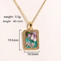 Detailed view of enamel flower pendant with freshwater pearl and dimensions on gold chain - Square Blue-Purple Enamel Artificial Pearl Rhinestone Pendant (Style 11)