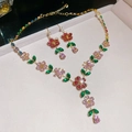 Elegant gold necklace and earring set with pink and green crystal floral design - 11# Necklace-Pink-Green