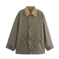 Olive green workwear jacket with brown corduroy collar and large front flap pockets - S / Army Green