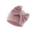 Detail of the soft ribbed knit texture and large bow on the infant warm beanie - Taro (Bow Turban Hat)
