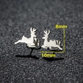Silver stainless steel reindeer stud earrings measuring 8mm by 10mm on dark background - Running Deer Shape (088 Steel)