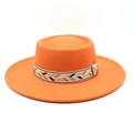 Close-up of bright orange wool felt hat with decorative geometric patterned band - M (56-58cm) / Orange