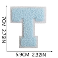Detail showing dimensions of blue chenille towel embroidered letter T patch for clothing - Letter T / Light Blue
