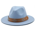 Detail of light blue wool fedora hat featuring a brown leather strap with silver studs - Sky Blue