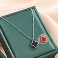 Collier trèfle à quatre feuilles en acier titane avec pendentif en cristal noir - 9087-argent Noir Et Rouge Recto Verso