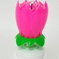Pink lotus blossom musical birthday candle with rotating flower petals and green base - Layered Style / Pink