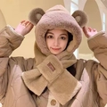 Bufanda con capucha de felpa marrón con orejas de oso para el invierno cálido - Orejas Redondas Caqui