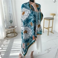 Silk shawl with blue and orange floral print and tassel edges for sun protection - Large Blue Flower