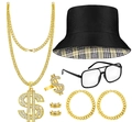 Hip-hop accessory set with gold dollar chain, bucket hat, ring, and clear lens glasses - Hip Hop 7pcs Set