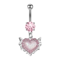 Close-up of a silver belly ring with a pink heart pendant and opal stone inlay - Long Style