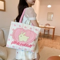 Pink and white striped canvas tote bag featuring a cute rabbit heart graphic design - Heart Rabbit
