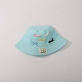 Detail of light blue sun hat with colorful bow accents and premium sewn fabric label - Kids One Size / Light Blue