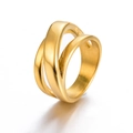 Polished golden stainless steel ring featuring three intertwined open geometric bands - US 6 / Gold 1-Triple Ring Crossover