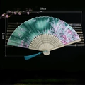 Chinese floral folding fan with green-purple gradient, bamboo ribs and blue tassel - Blossoming Flowers (Green)