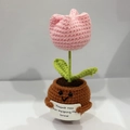 Pink handmade crochet tulip in a brown pot with Thank You For Helping Me Grow card - Positive Potted-Plump Tulip Pink