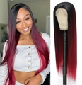 Lace front long straight hair wig with ombre black to red color gradient finish - Ombre Wine Red