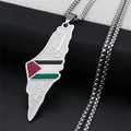Silver stainless steel Palestine map pendant necklace with flag colors and Arabic script - Silver 60cm